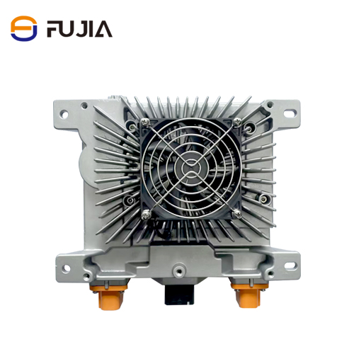 Compact industrial cooling unit with a central fan and heat dissipation fins, branded "FUJIA."